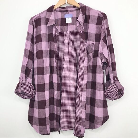 Laura Scott Purple Gingham Plaid Roll Tab Sleeve Button Up Shirt NEW - Picture 2 of 14